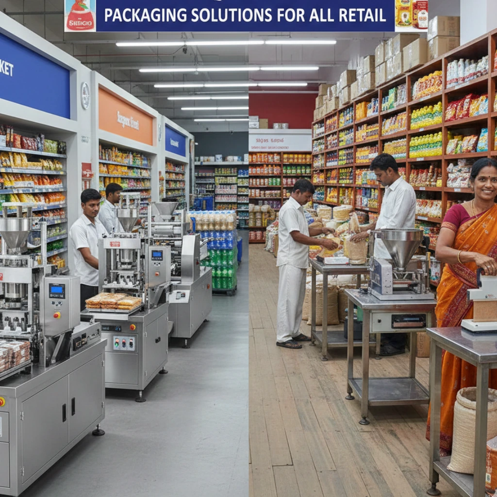 different types of packaging machines used in supermarkets and kirana stores