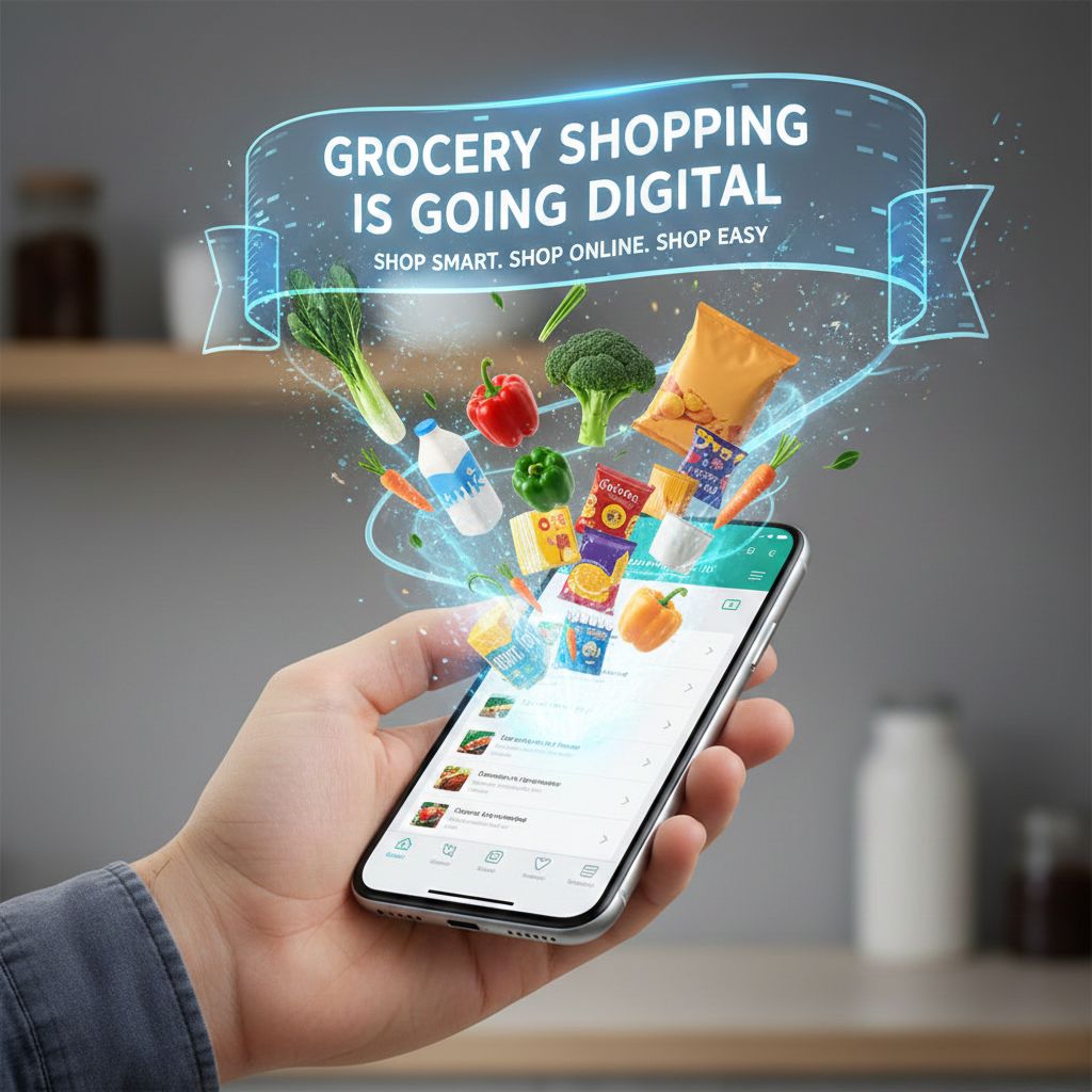 Hand holding a smartphone with a grocery shopping app, vegetables and packaged food items digitally coming out of the screen, representing online grocery shopping.