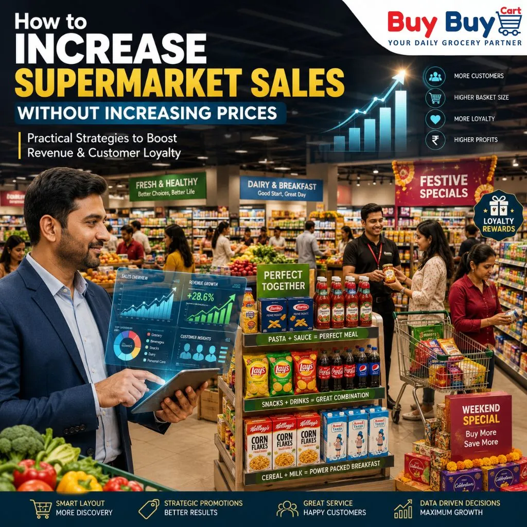 Modern supermarket owner implementing strategies to increase supermarket sales without raising prices