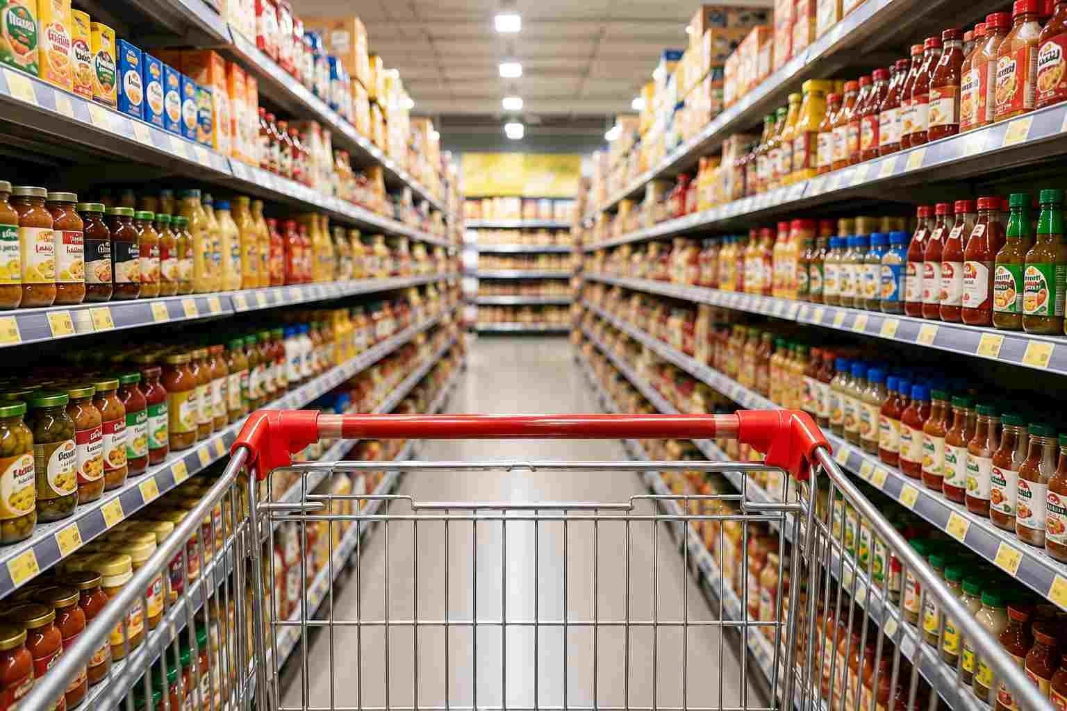 Wide range of grocery products on store shelves