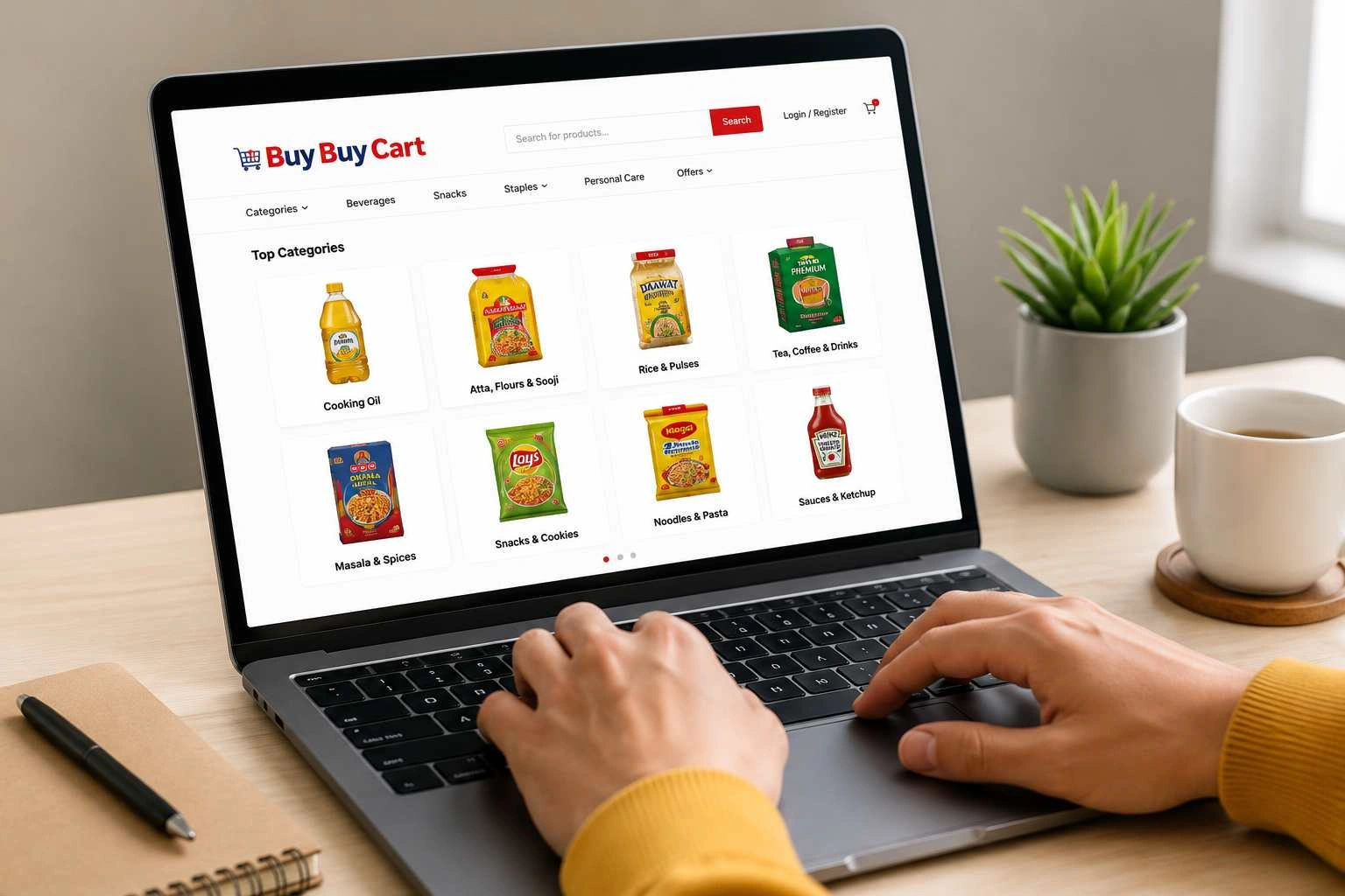 Person ordering groceries online on a laptop