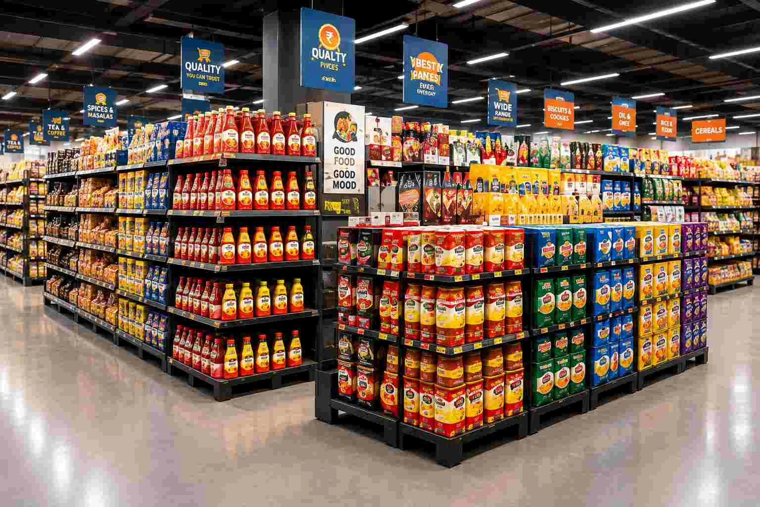 Diverse grocery brands stocked on store shelves