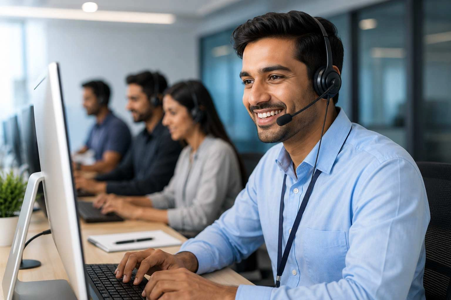 Customer support agent assisting with headset