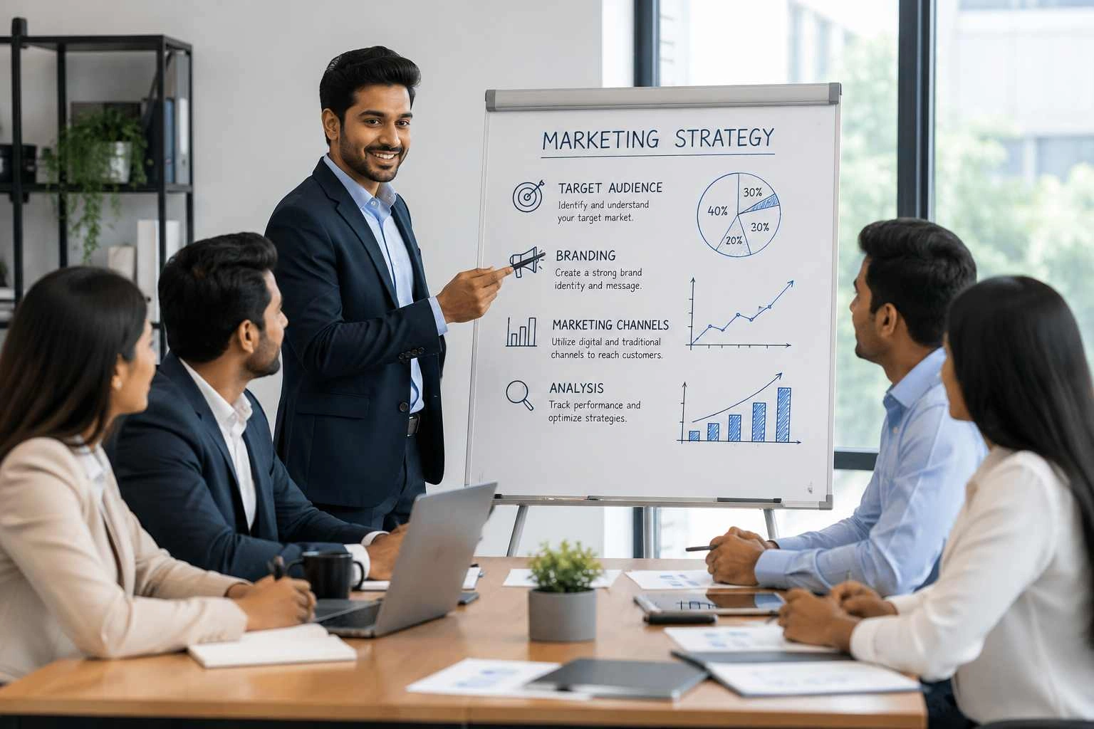 Marketing and training support with growth chart on laptop