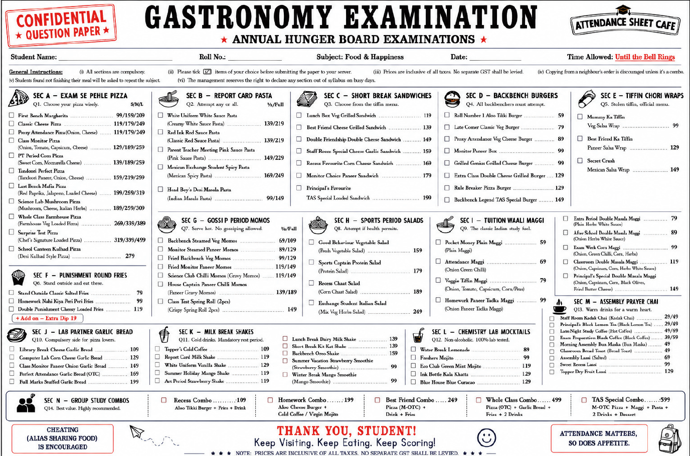 TAS Cafe menu