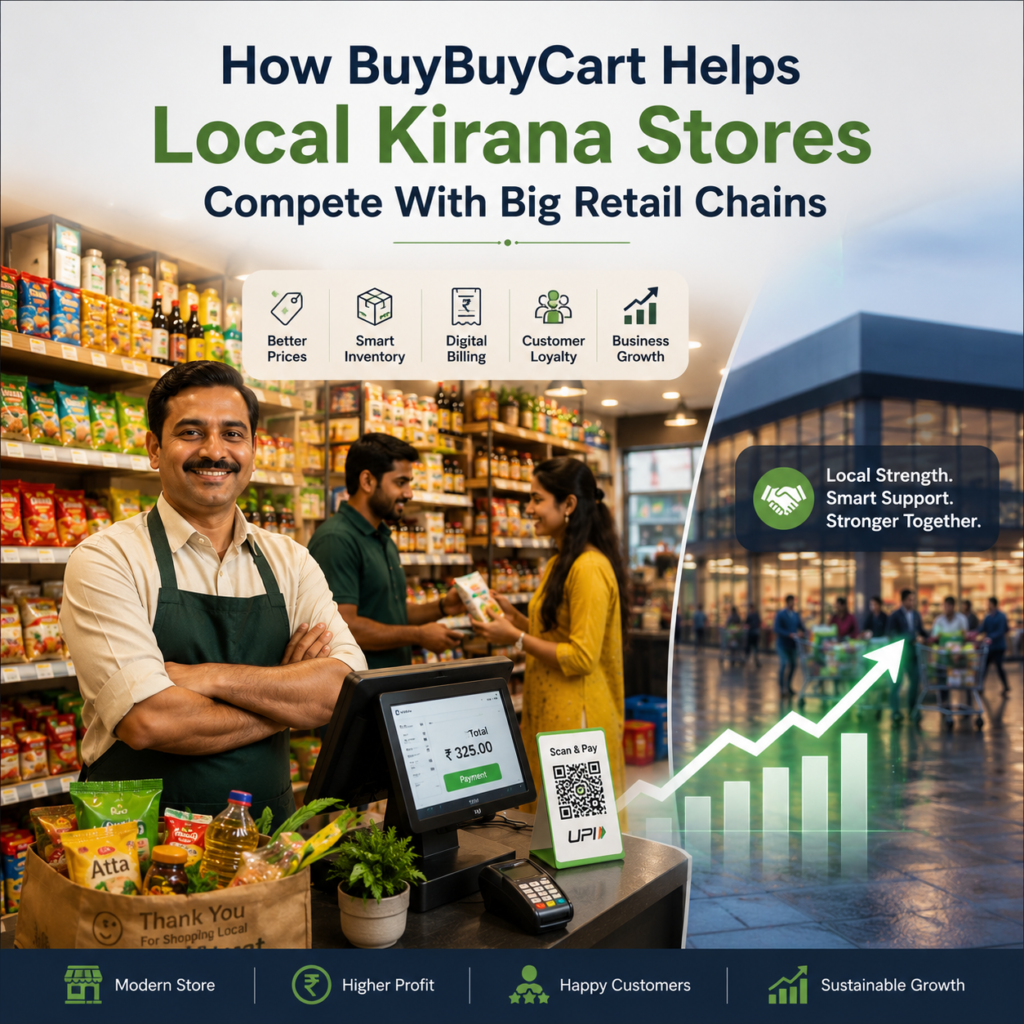 Modern Indian Kirana Store upgraded with BuyBuyCart branding, digital billing, organized shelves, and smart retail technology competing with a large Retail Chain.