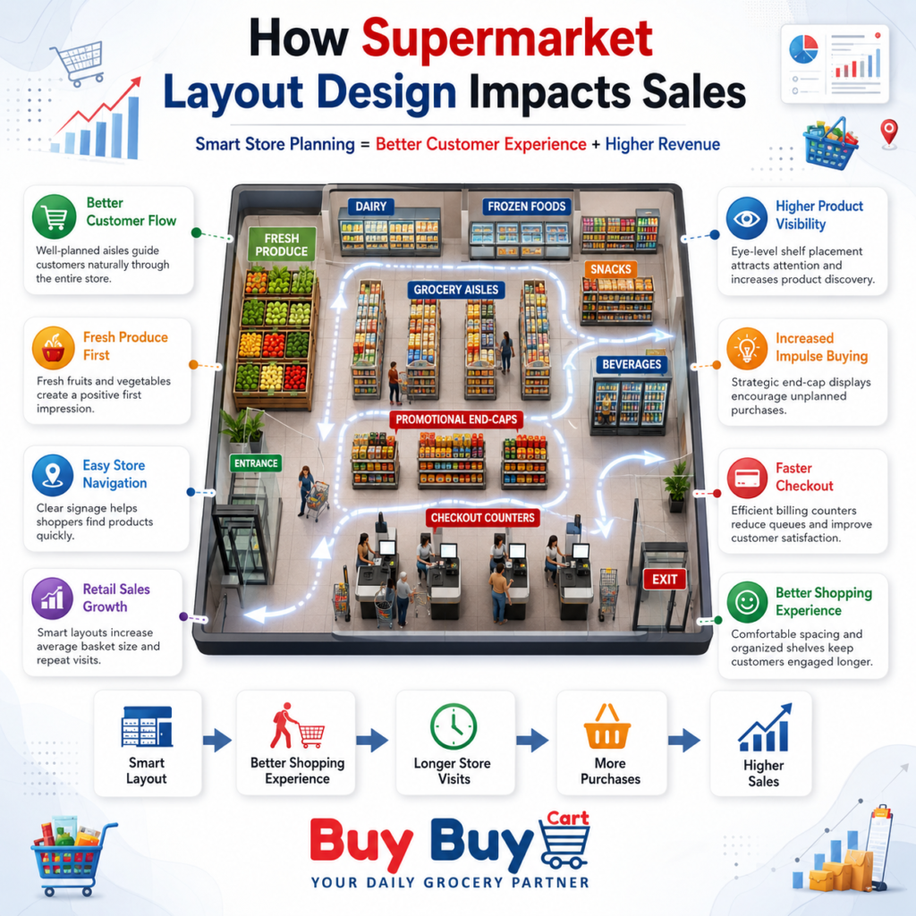 Modern supermarket layout design with organized grocery aisles