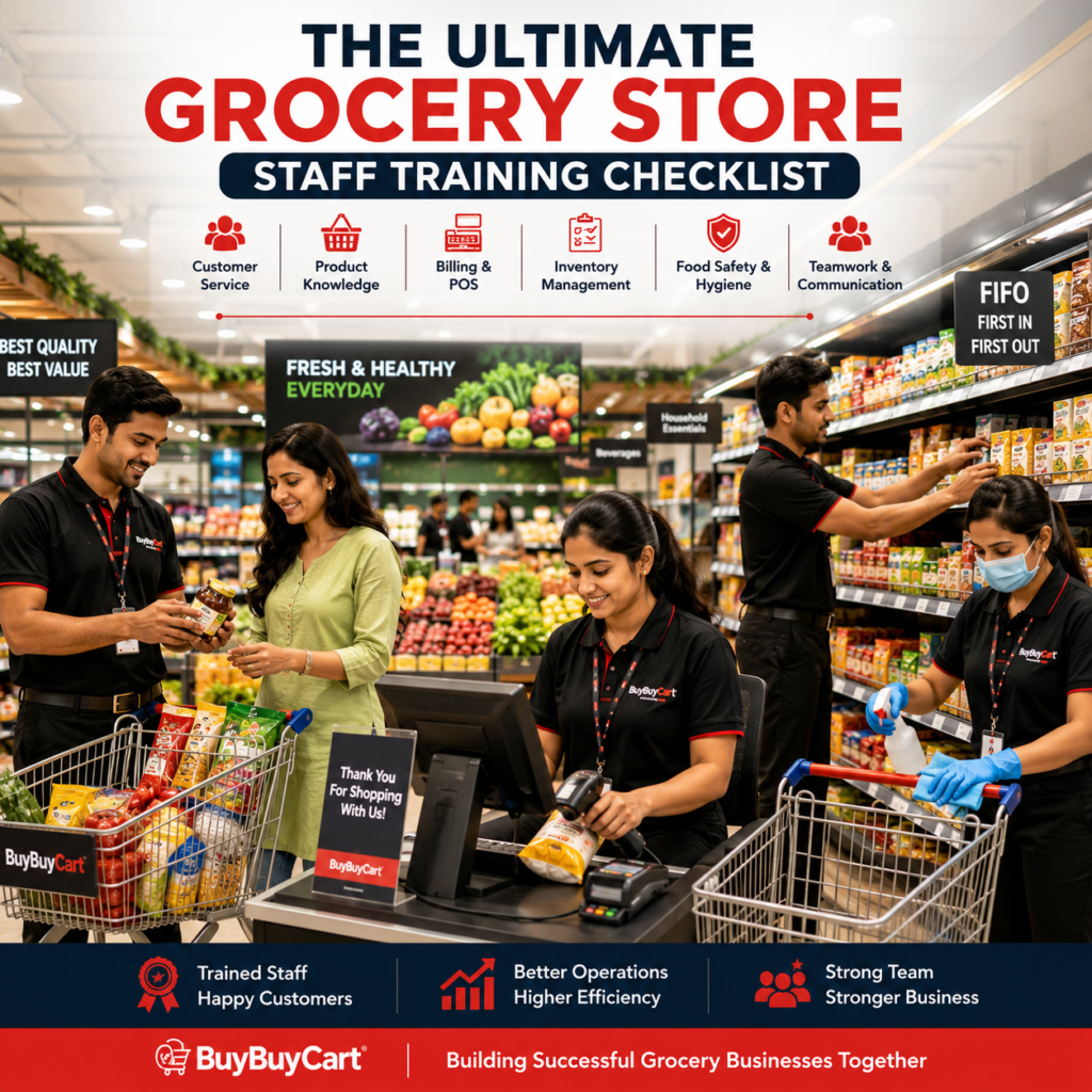 Professional grocery store staff assisting customers in a modern supermarket