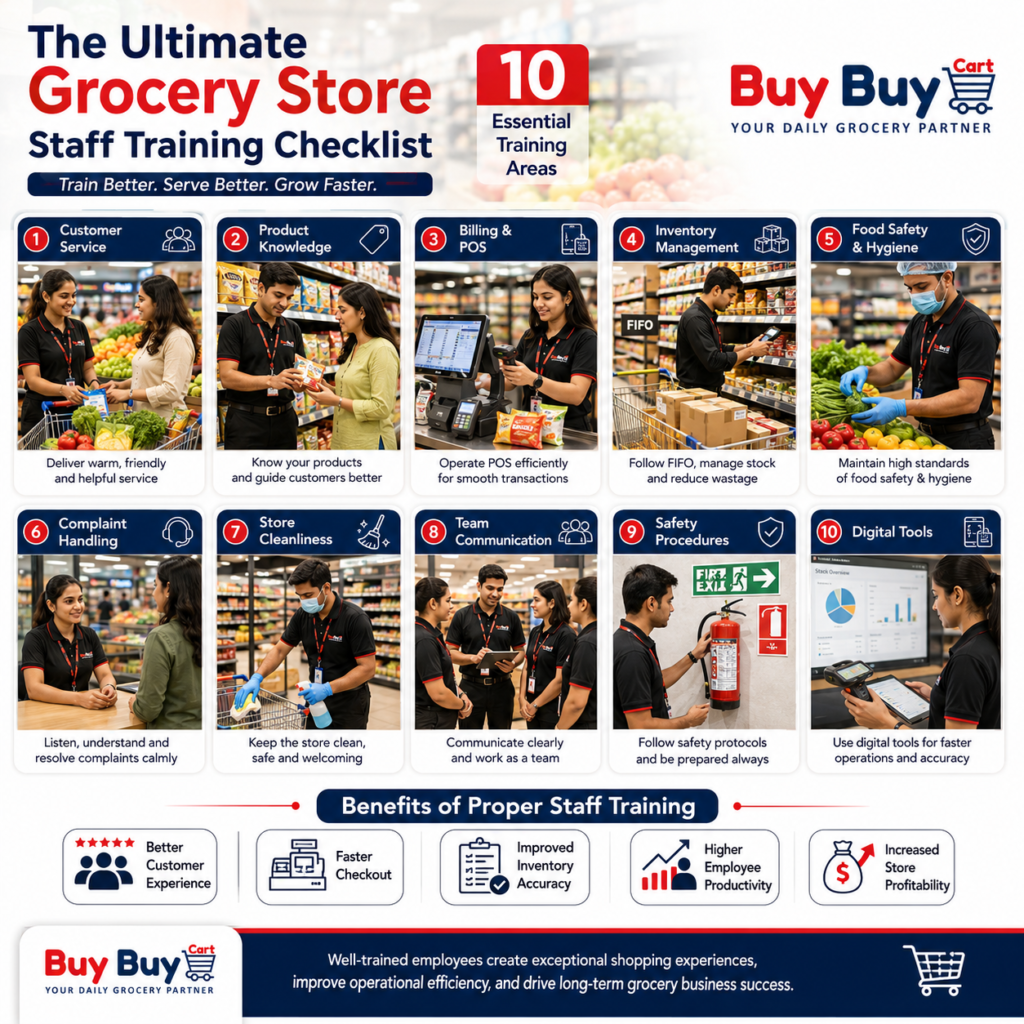 Professional grocery store staff assisting customers in a modern supermarket