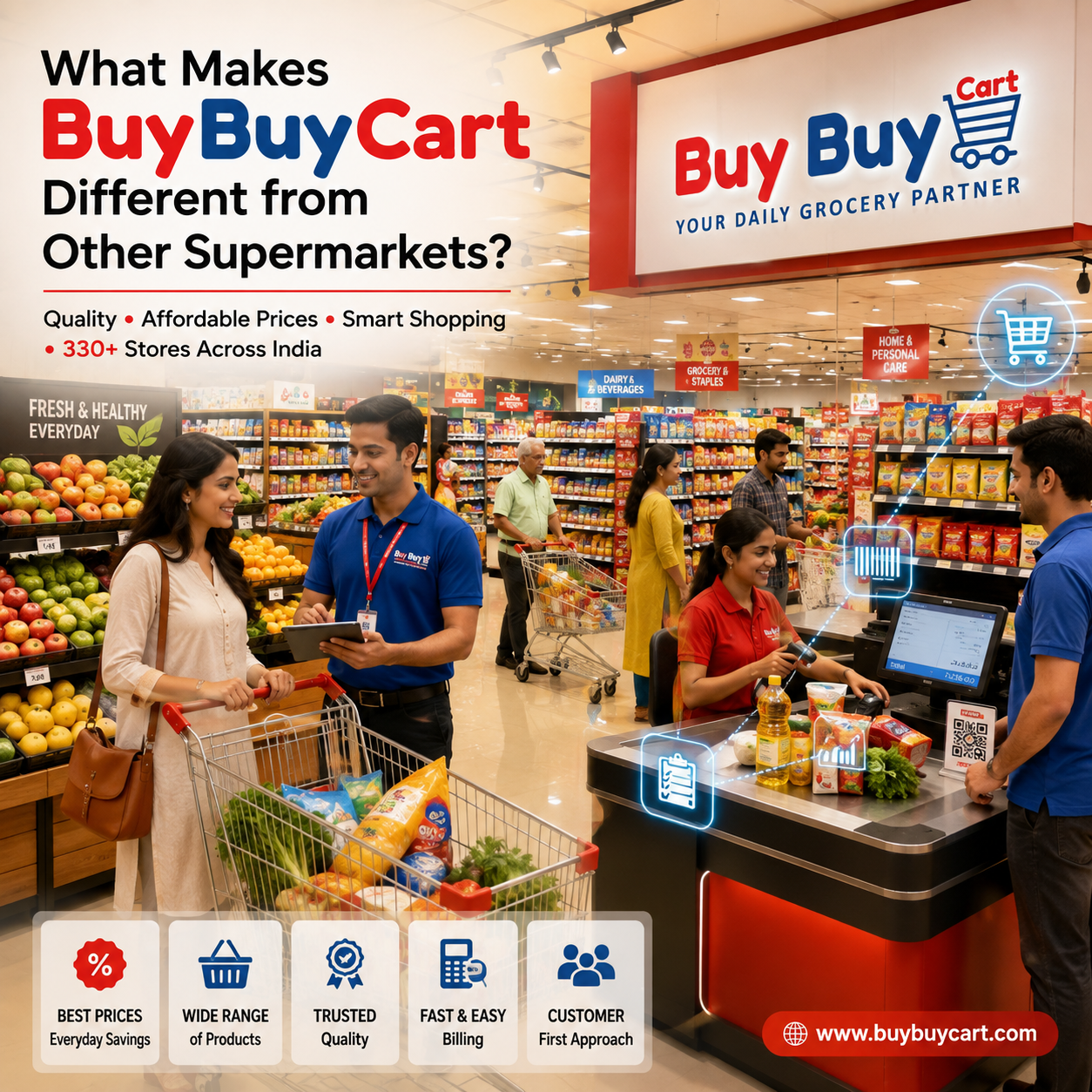 Customer shopping inside a modern BuyBuyCart supermarket with organised grocery aisles