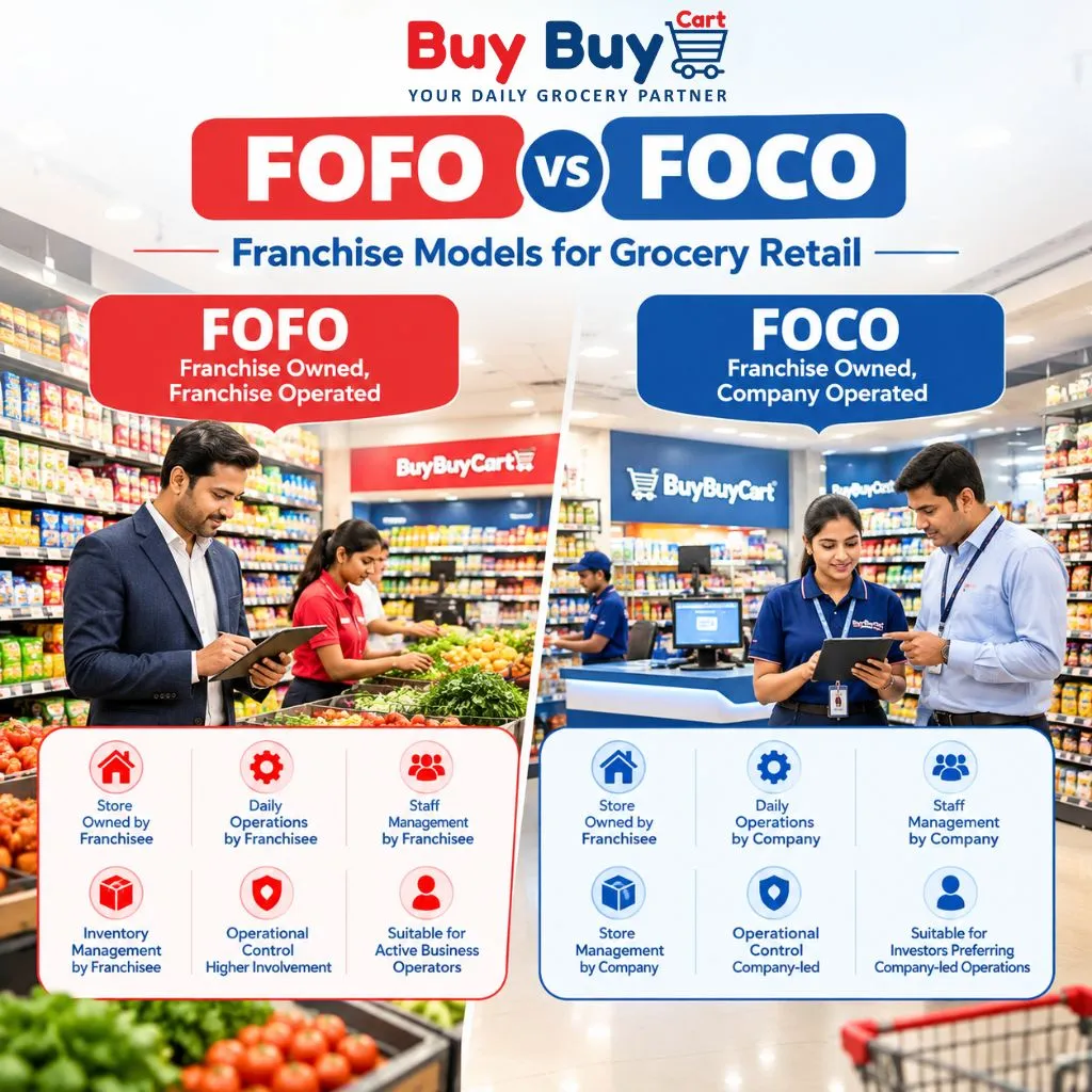 FOFO vs FOCO franchise model comparison for grocery retail, showing franchise-owned operated and company-operated grocery store models.