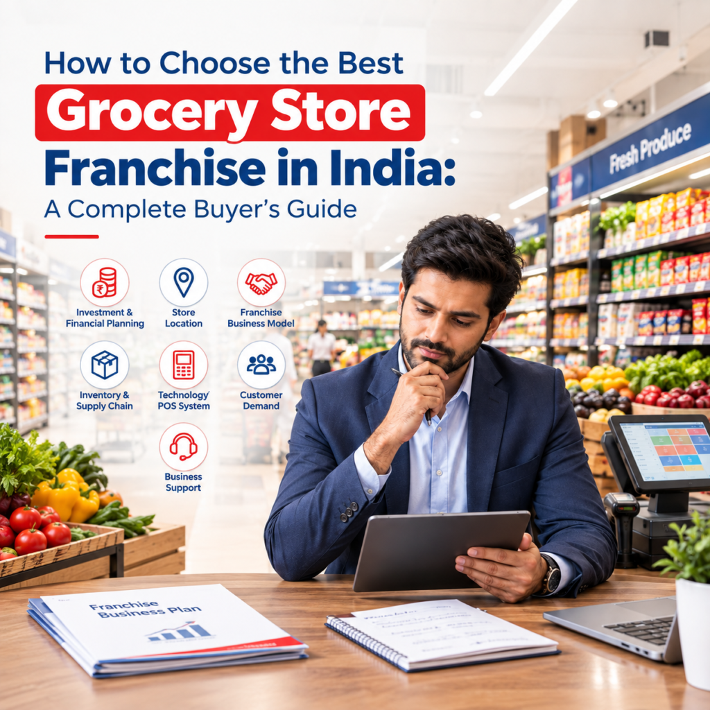 How to Choose the Best Grocery Store Franchise in India: A Complete Buyer’s Guide, featuring a professional entrepreneur reviewing a franchise business plan inside a modern grocery store.
