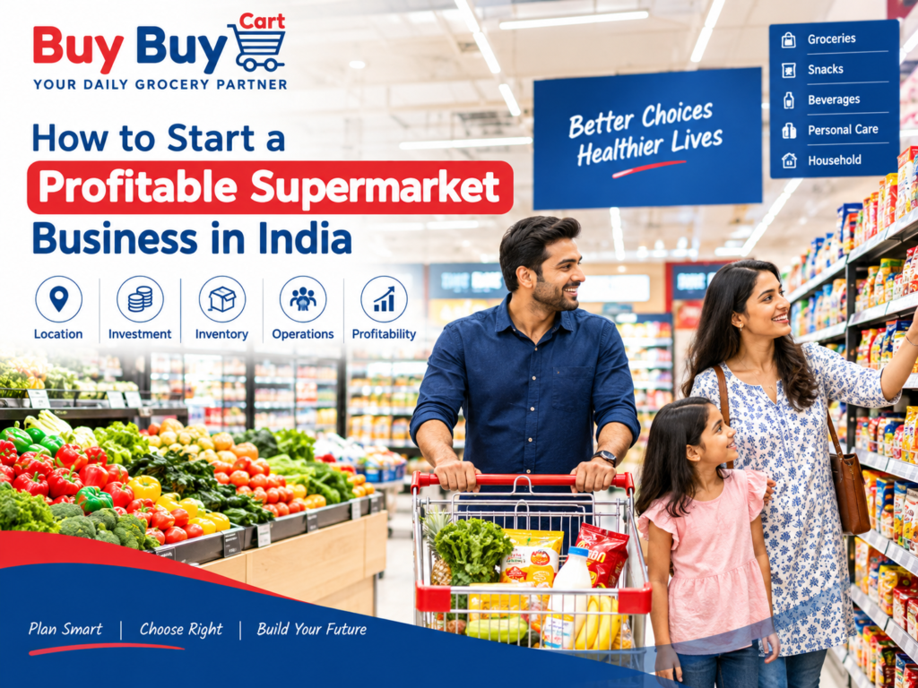 Modern supermarket interior with an Indian family shopping, illustrating how to start a profitable supermarket business in India.