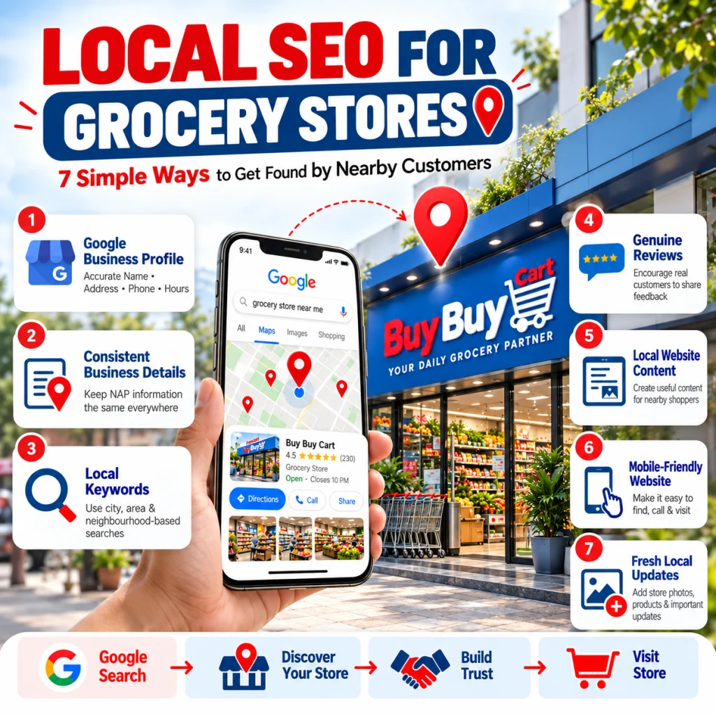 Local SEO strategies for grocery stores including Google Business Profile, local keywords, reviews, website optimisation and local updates