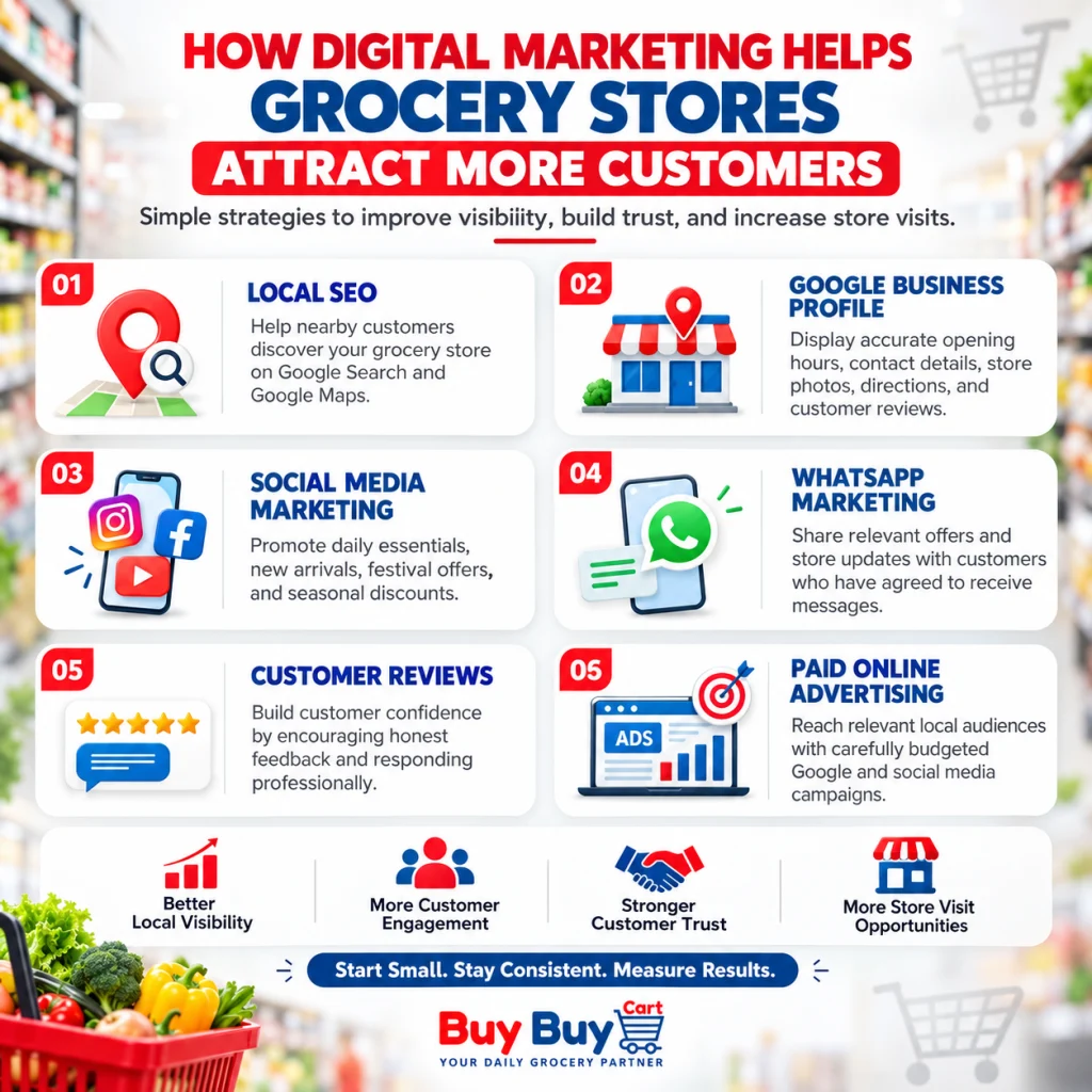 BuyBuyCart infographic explaining six digital marketing strategies for grocery stores, including local SEO, Google Business Profile, social media marketing, WhatsApp marketing, customer reviews, and paid online advertising.