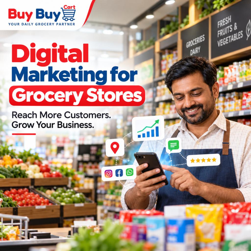 Digital marketing for grocery stores showing an Indian grocery store owner using a smartphone to manage online promotions, customer reviews, and local marketing.