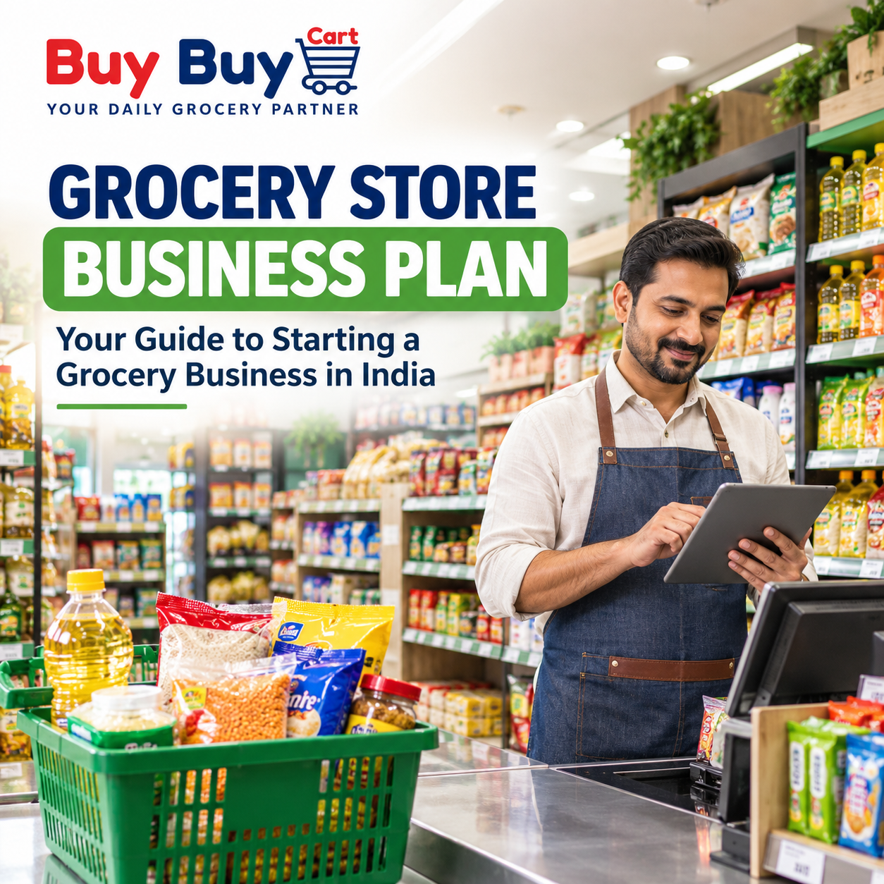 Grocery store business plan for starting a grocery shop in India with BuyBuyCart branding and a store owner managing inventory.