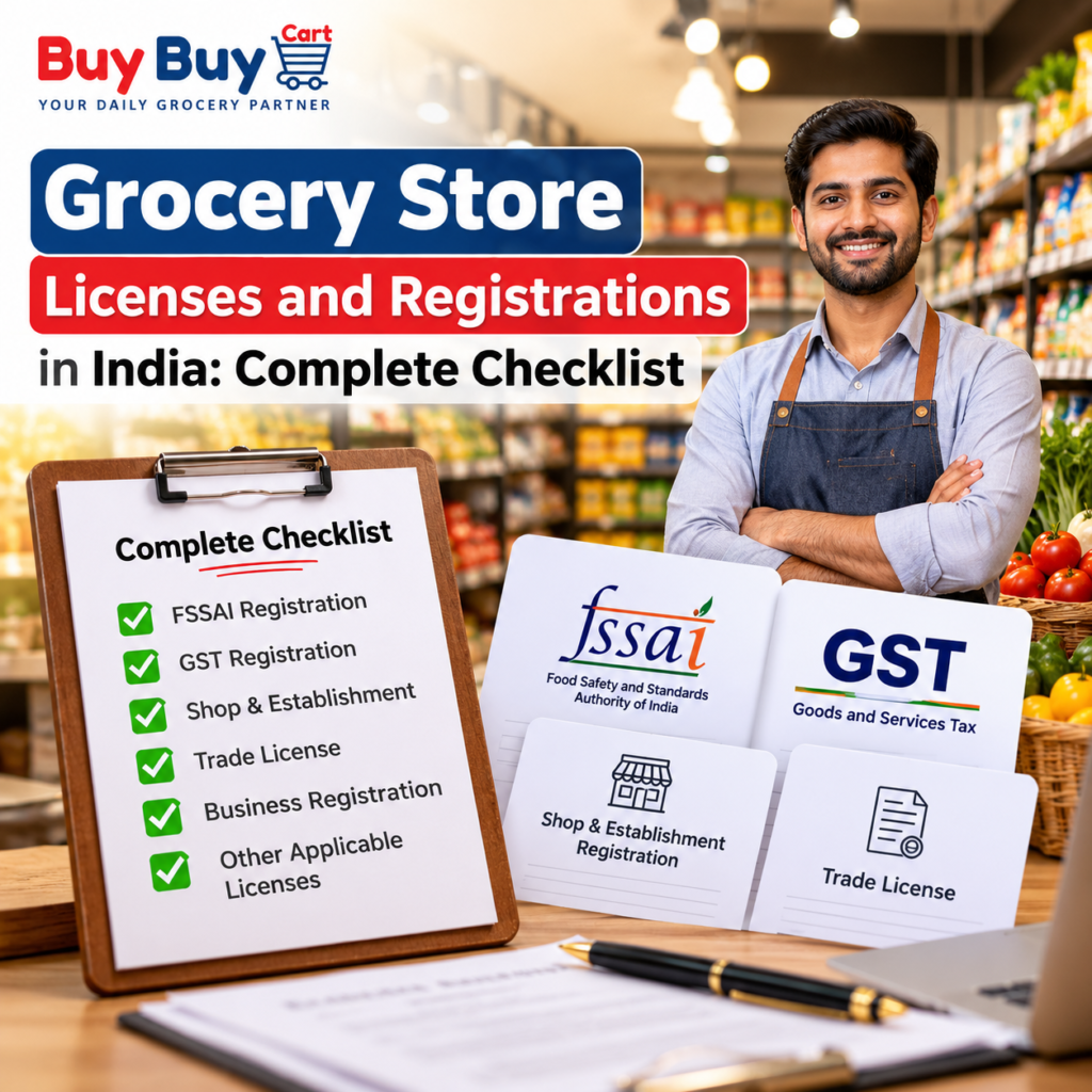 BuyBuyCart grocery store licenses and registrations in India complete checklist for new grocery business owners.