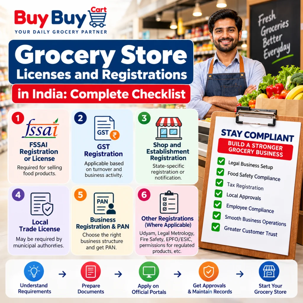 Infographic showing six essential grocery store licenses and registrations in India, including FSSAI, GST, Shop and Establishment registration, trade license, business registration, and other applicable approvals.
