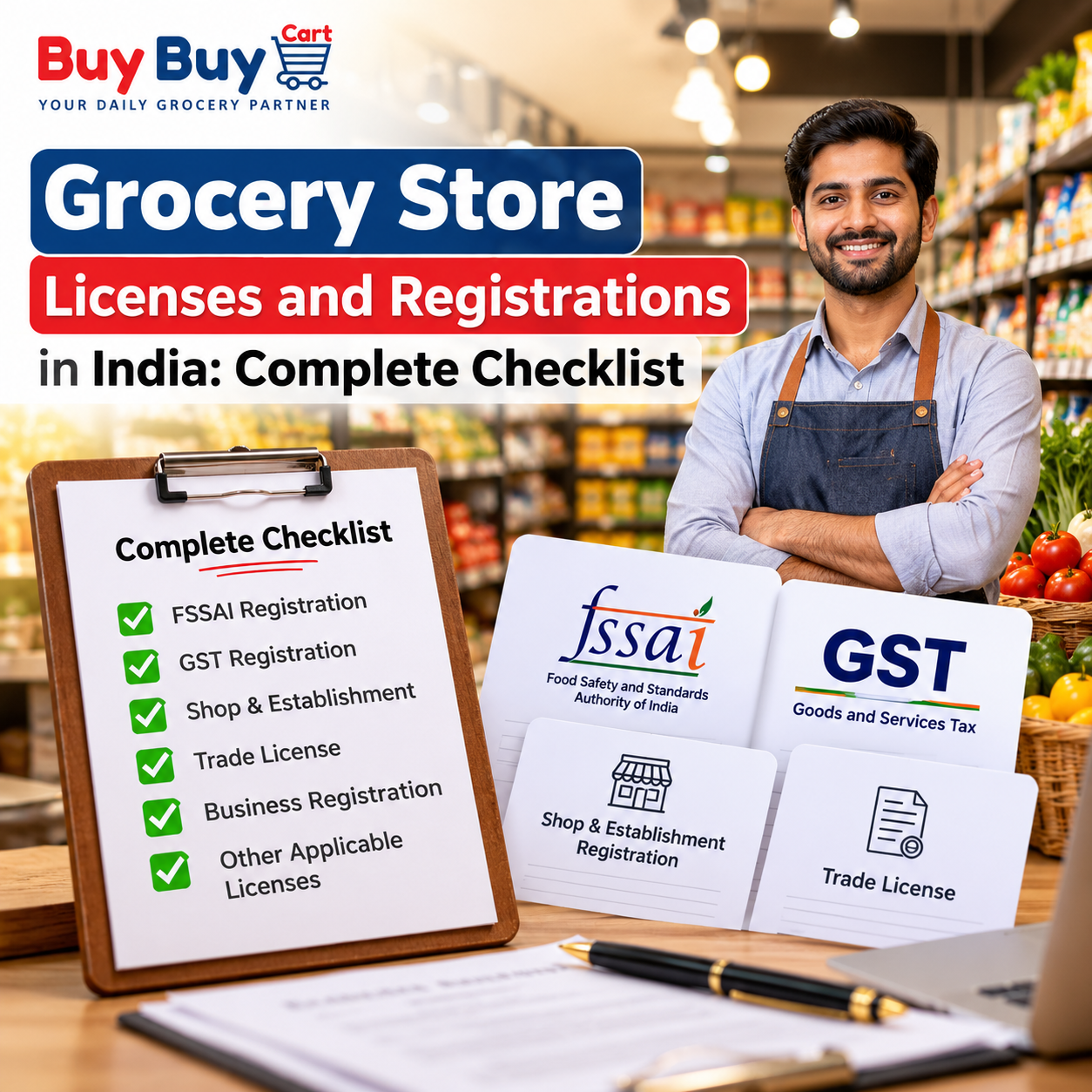 BuyBuyCart grocery store licenses and registrations in India complete checklist for new grocery business owners.