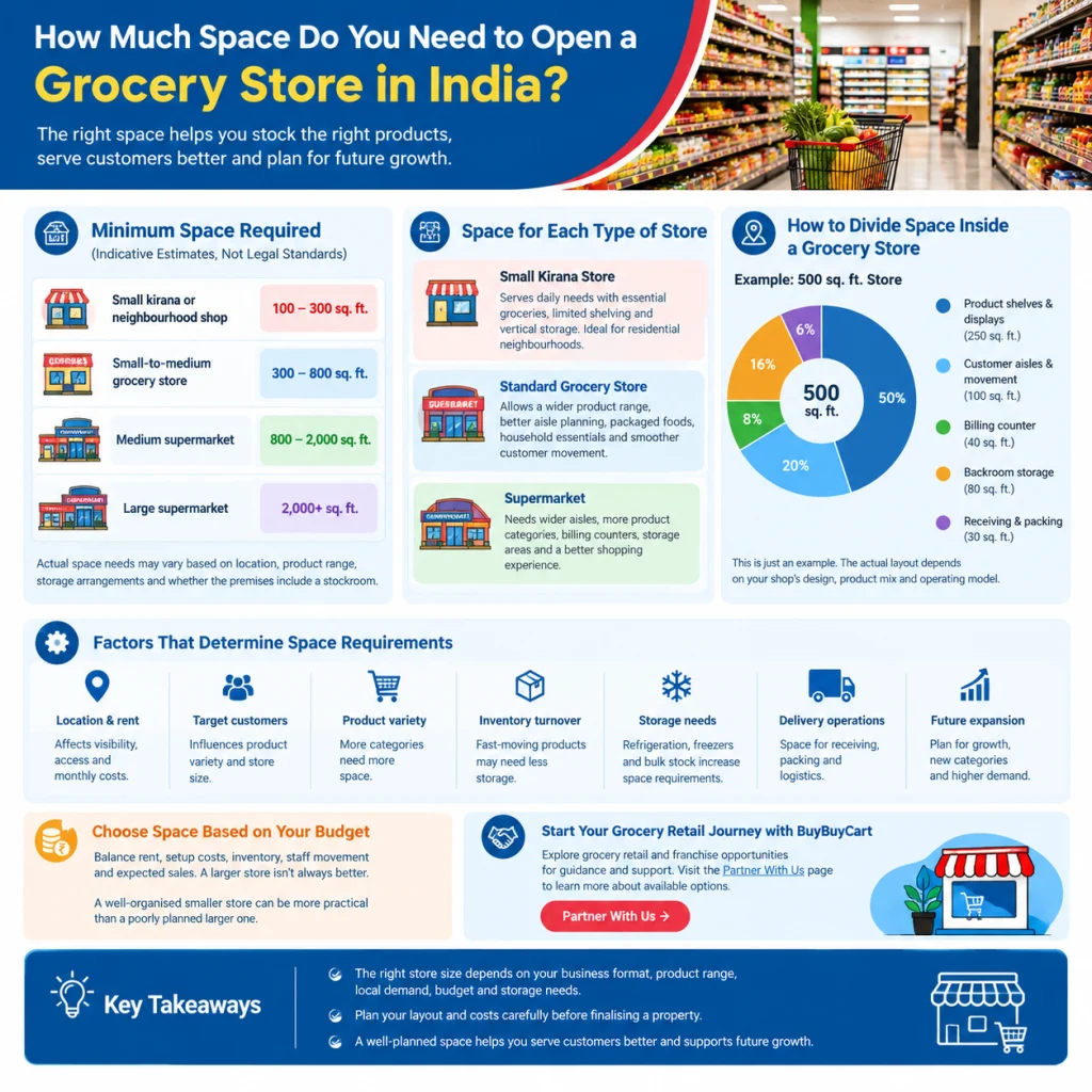 Grocery store space planning guide by BuyBuyCart showing minimum space requirements for different store types in India, sample 500 sq. ft. store layout, space allocation, key planning factors, and franchise opportunities.