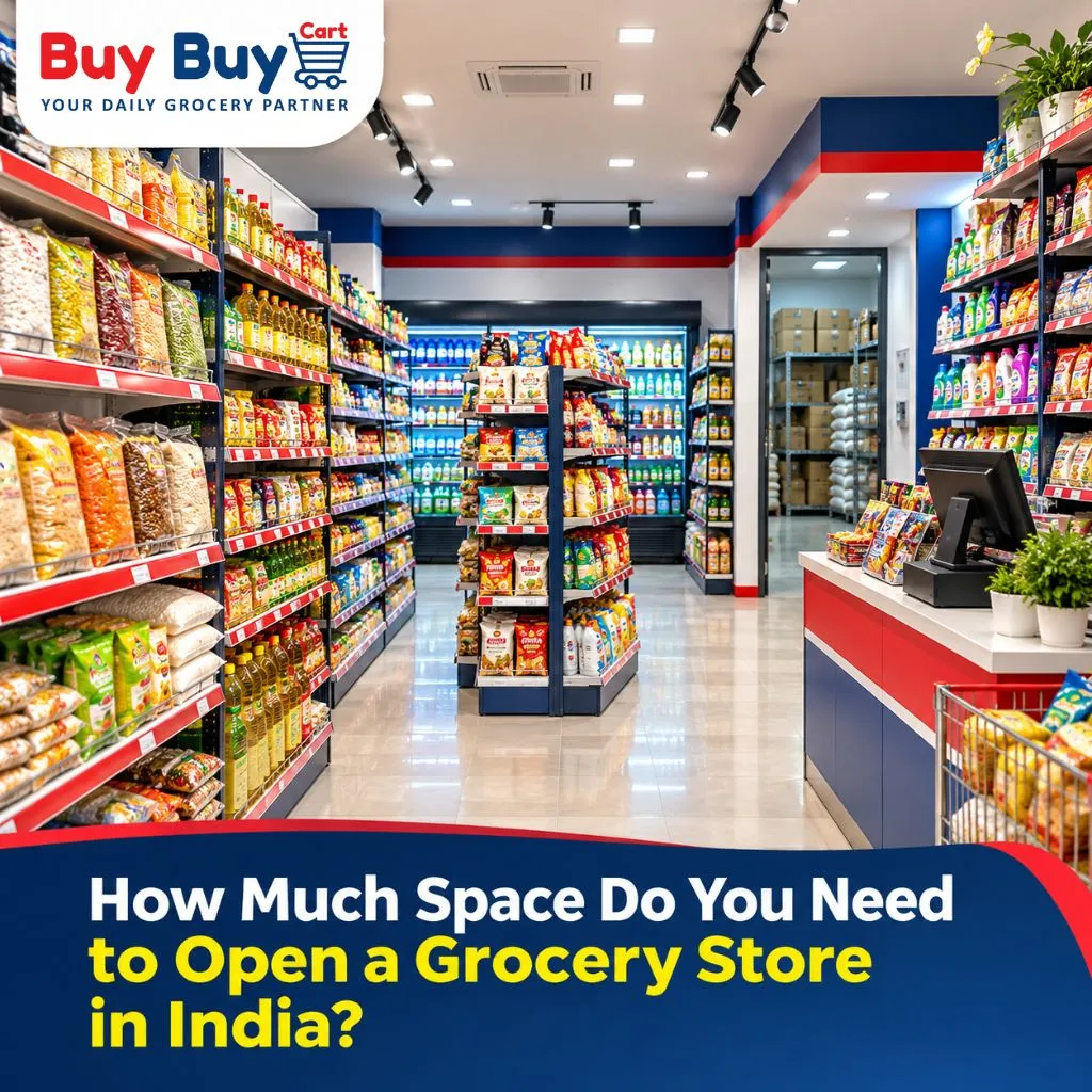 BuyBuyCart grocery store interior showcasing an organized supermarket layout for the blog “How Much Space Do You Need to Open a Grocery Store in India?