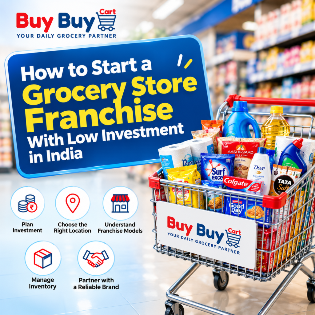 BuyBuyCart grocery store franchise with low investment in India, featuring a shopping trolley filled with household essentials and a modern supermarket.