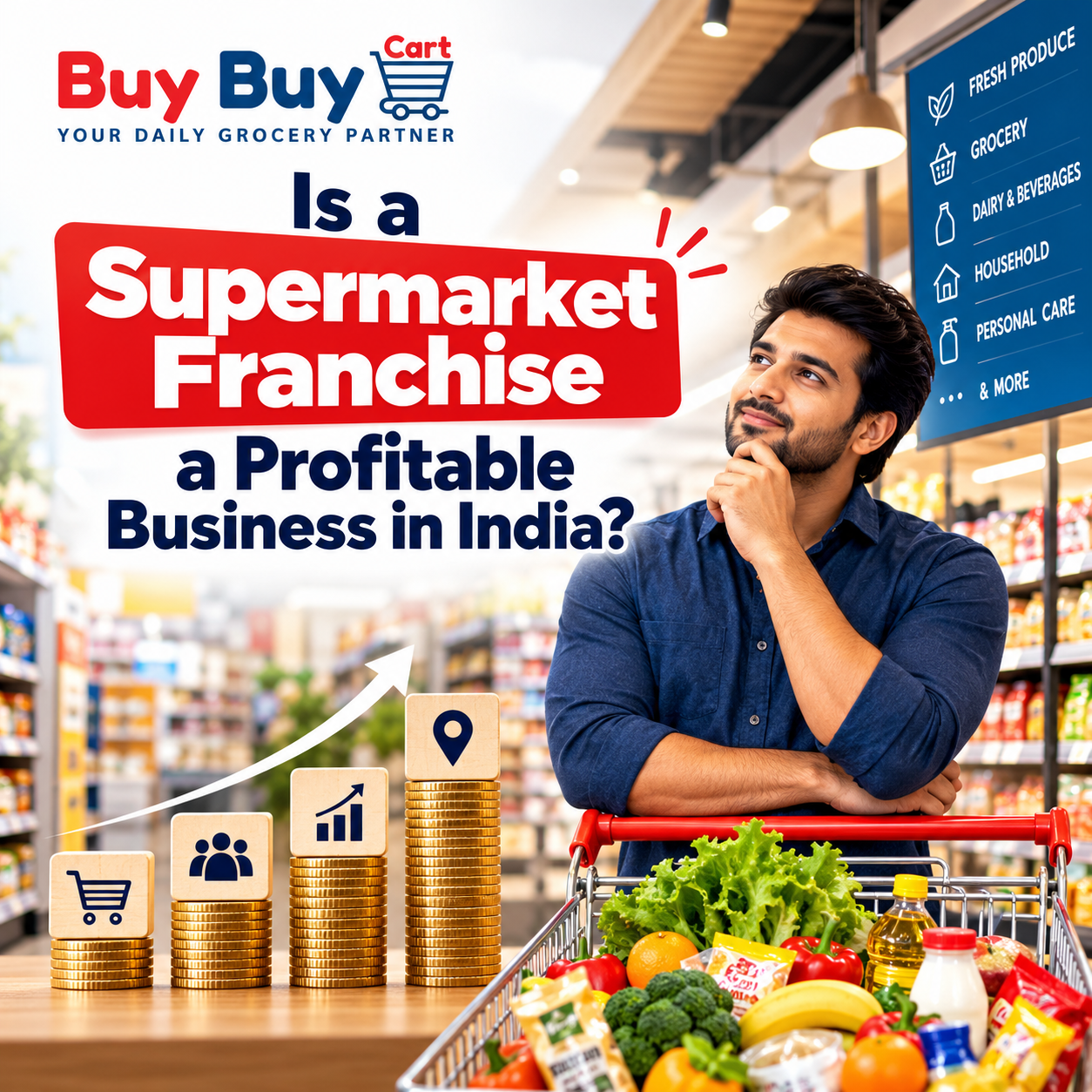 Supermarket Franchise business opportunity in India with a modern grocery store, entrepreneur, and business growth concept.